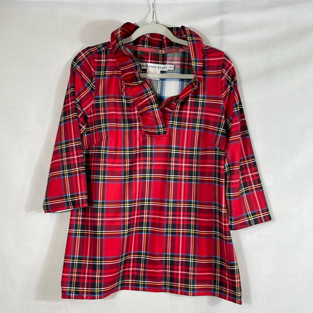 Gretchen Scott Top Tunic Size L Ruffle Neckline Red Plaid EUC